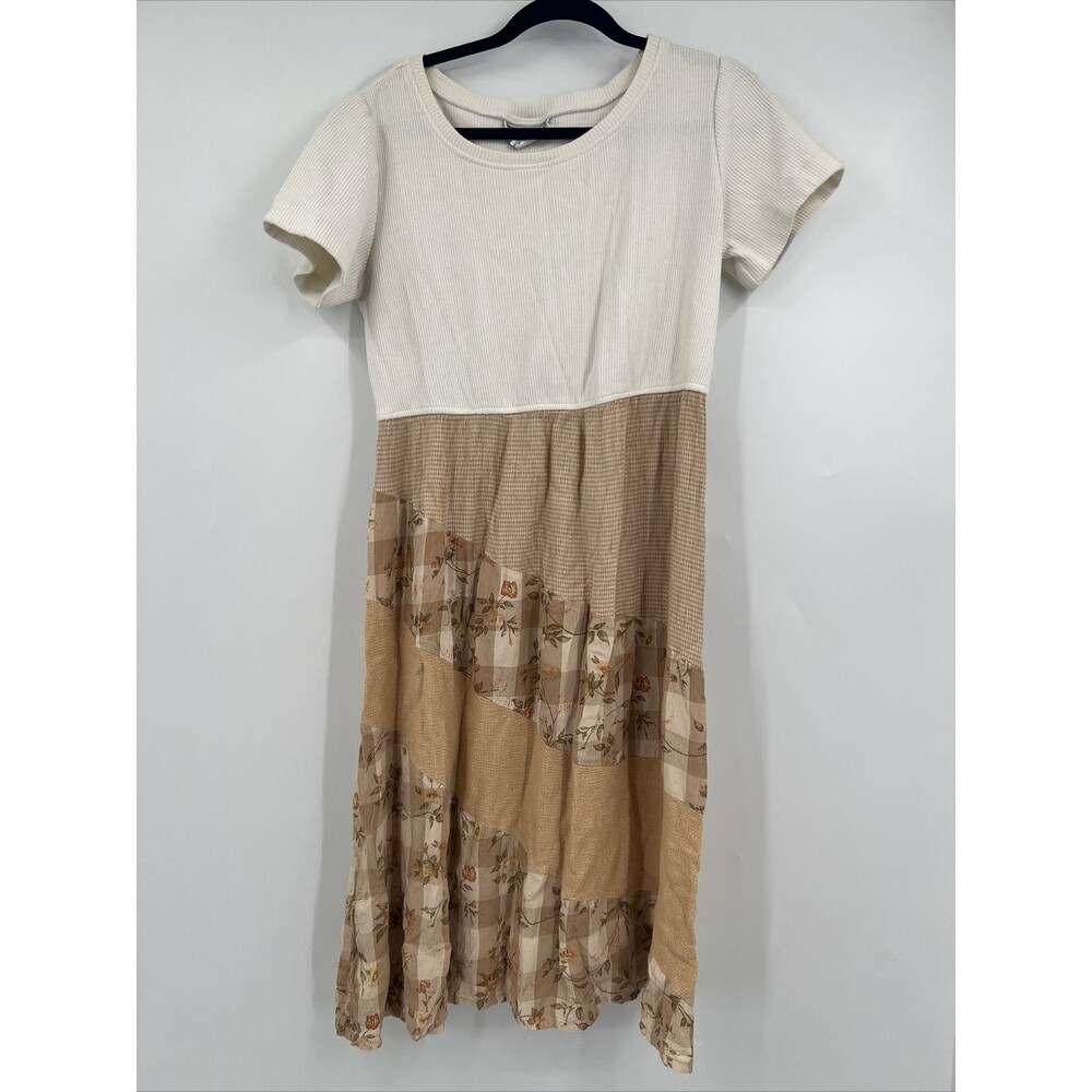 Vtg August Max Women Maxi Dress mixed media short sleeve floral patchwork design